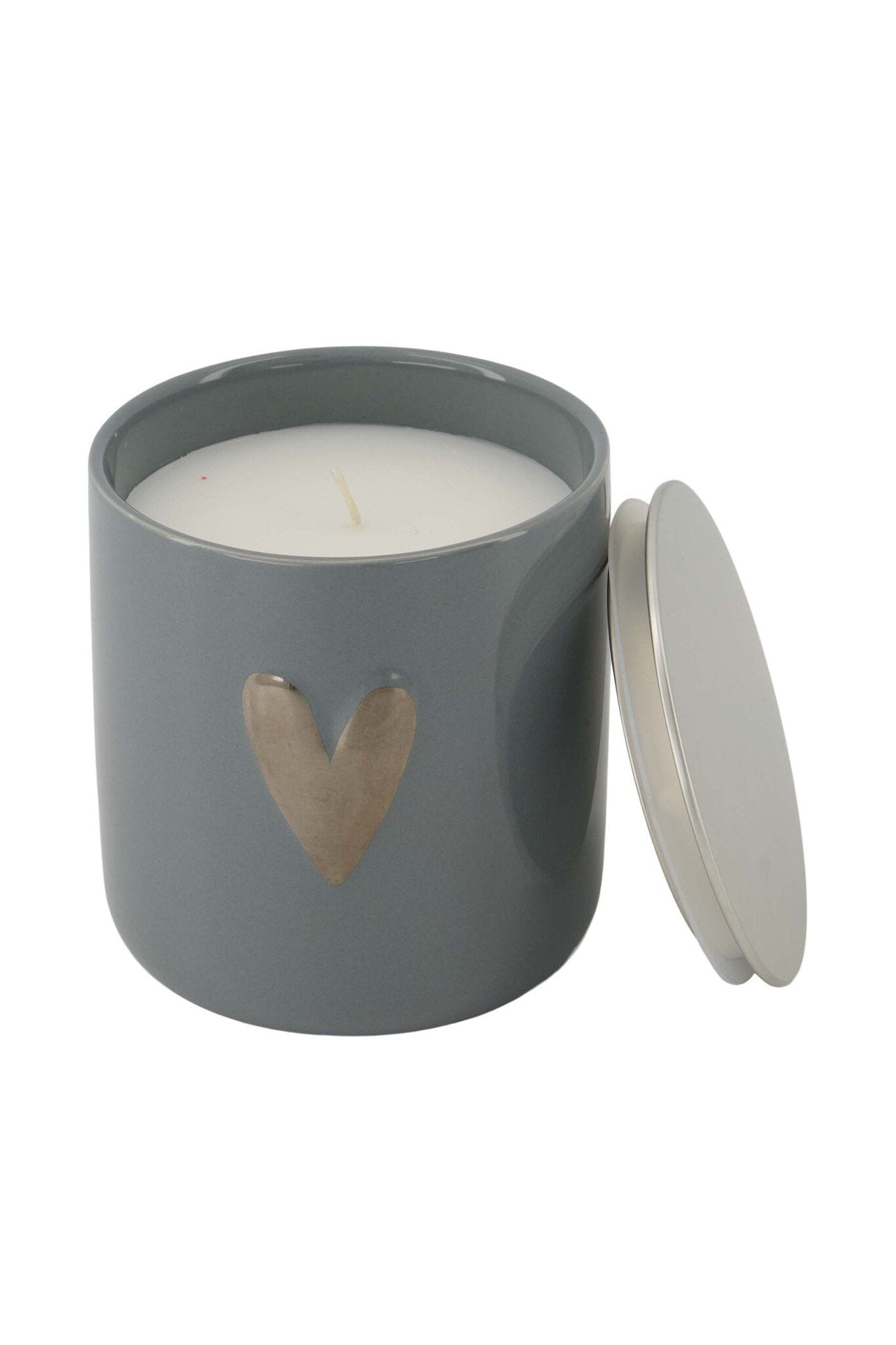 Zusss | Duftkerze aus Keramik, silberfarbenes Herz, graublau