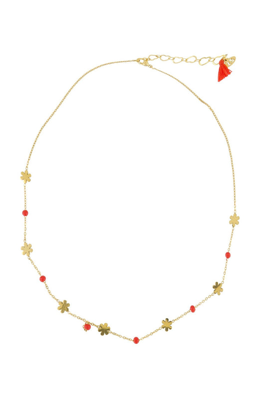 Zusss | Ketting bloem kralen oranjerood/goud