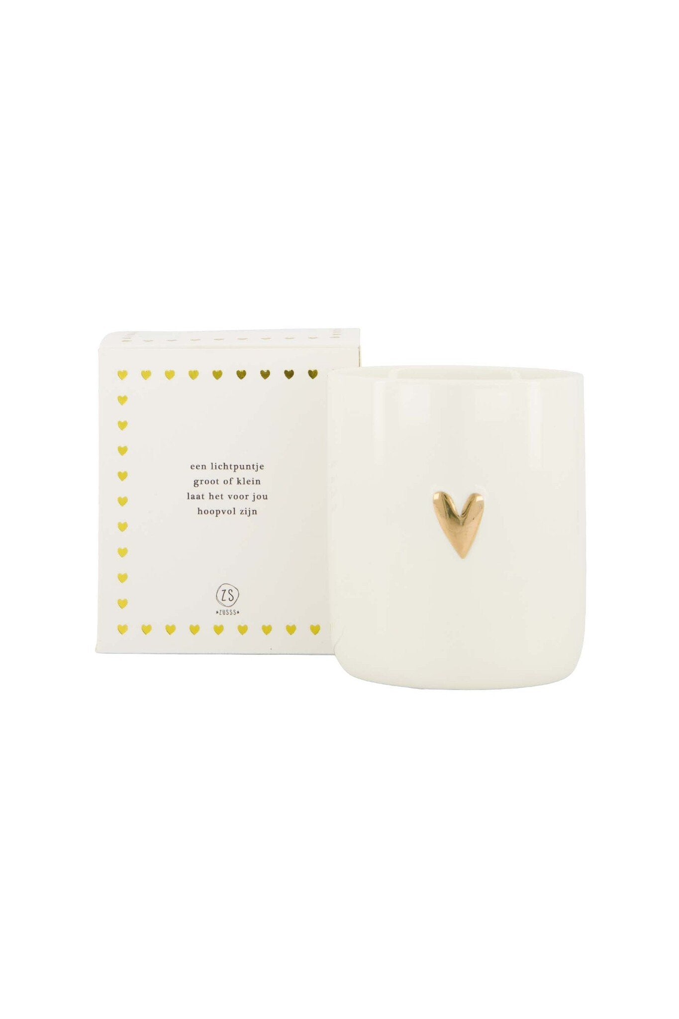 Zusss | Duftkerze aus Keramik in einer Schachtel, Lichtpunkt, Herz, weiß/gold