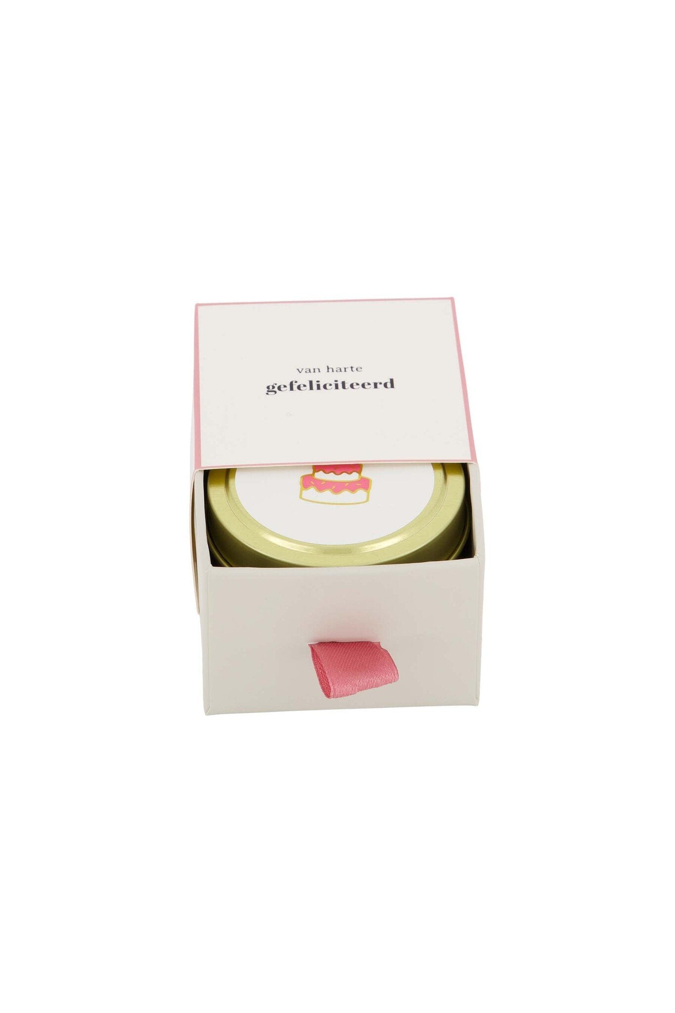 Zusss | Geurkaarsje tinnen in schuifdoosje gefeliciteerd taart wit/roze