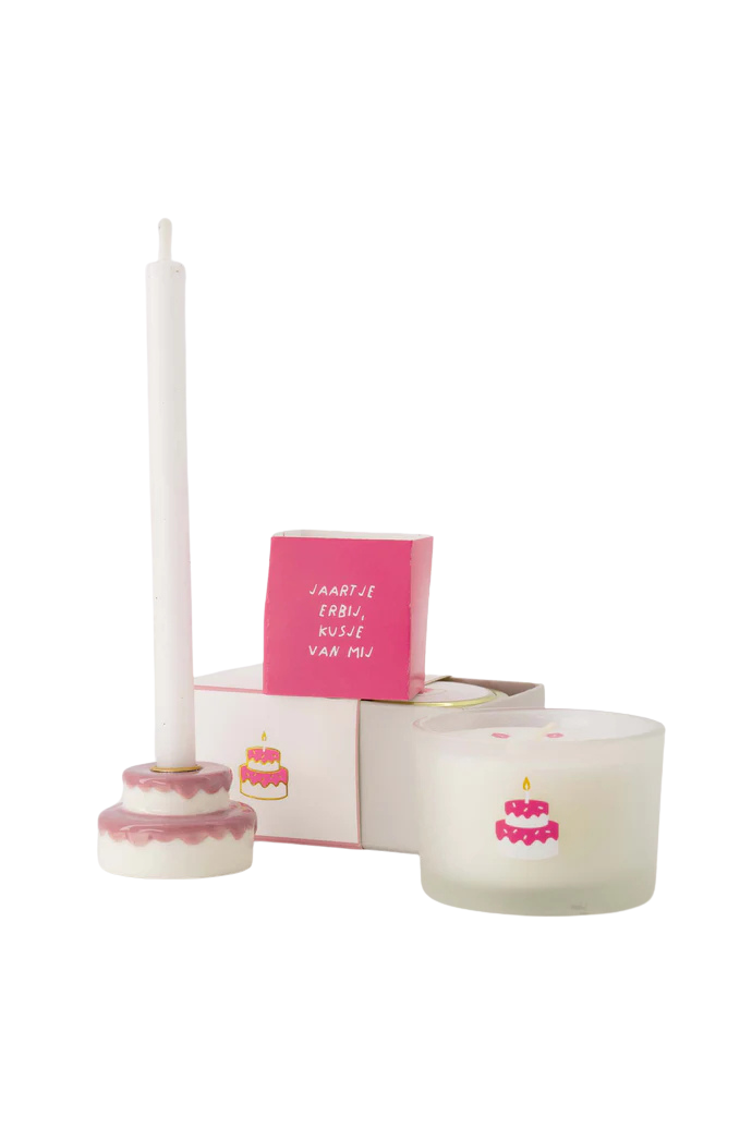 Zusss | Geurkaarsje tinnen in schuifdoosje gefeliciteerd taart wit/roze