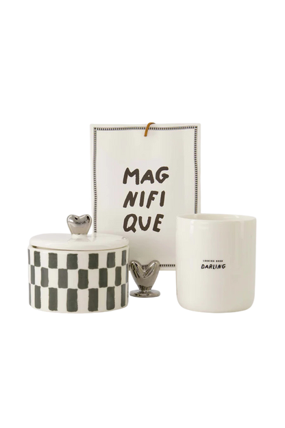 Zusss | Geurkaars keramiek met deksel zilver hartje grijsblauw